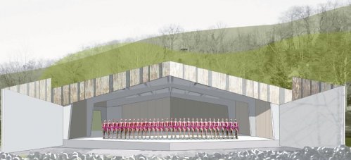 Visualisierung Szenario „Large“: Tore vollständig geöffnet, großes Ensemble auf der Bühne