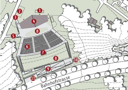 Lageplan der Freilichtbühne mit den nummerierten Bereichen 1 bis 11; die Legende steht als Text unter dem Plan.